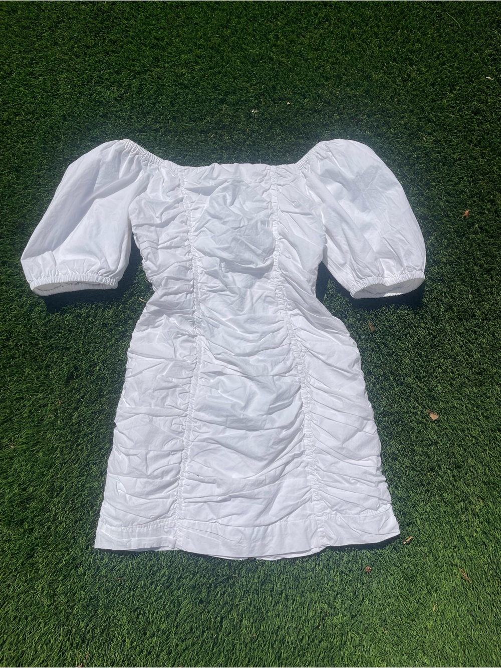 Urban Outfitters White Ruched Puff-Sleeve Mini Dress